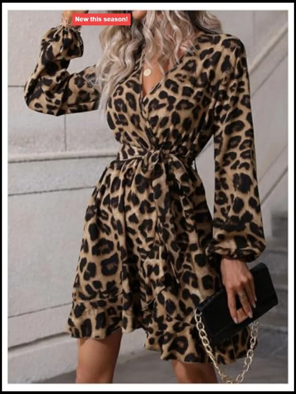 Leopard Print Wrap V Neck Belted Ruffle A Line Dress Long Sleeve